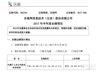 乐视网2017年半年度业绩预告新鲜出炉 净亏6.4亿