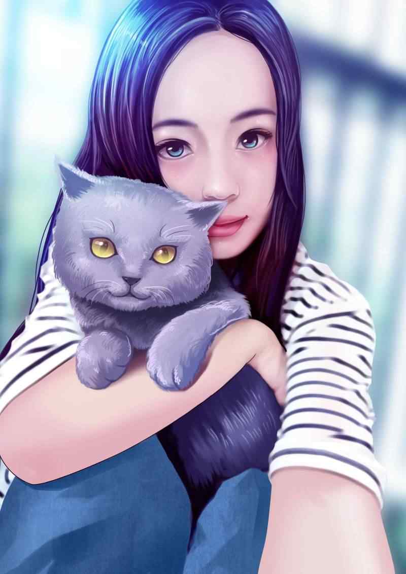 女孩抱着猫咪手绘手机壁纸