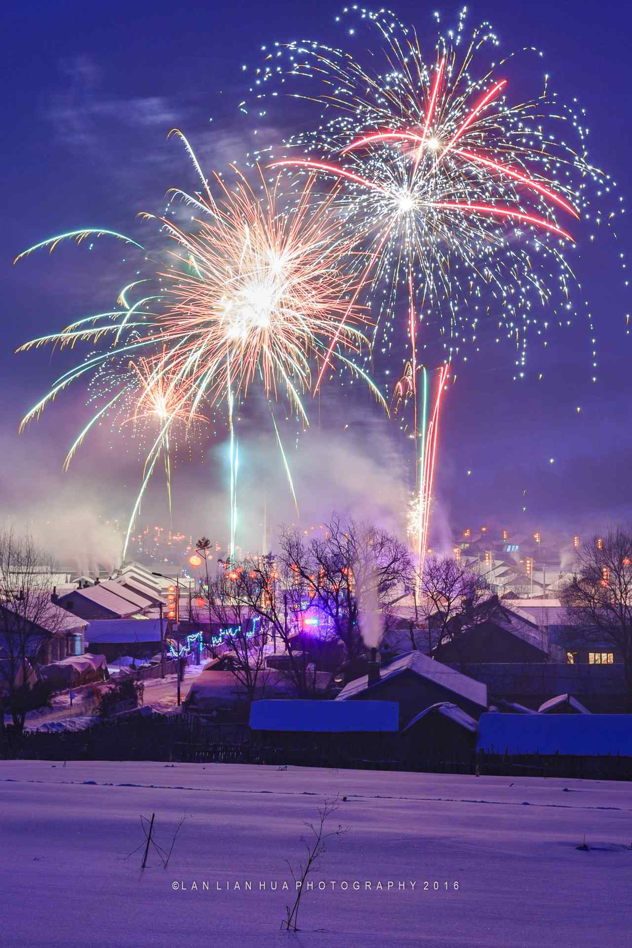 东北雪地里美丽的烟花图片集