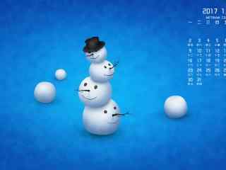 2017年1月日历图片高清壁纸-可爱的小雪人