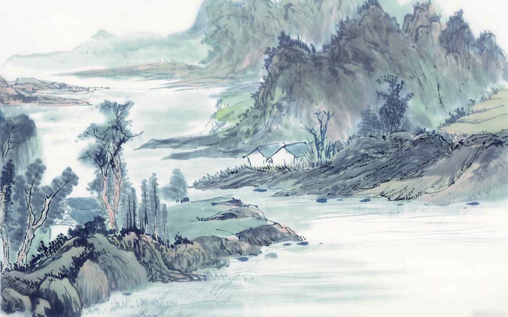 唯美古风山水墨画