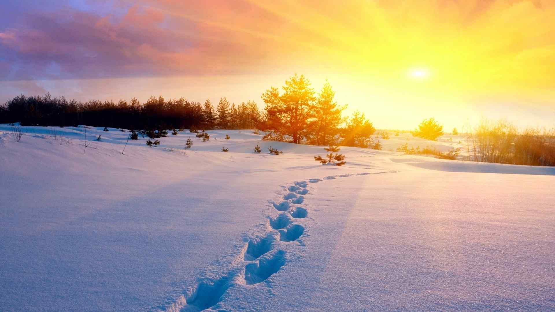 唯美雪景桌面壁纸：落日下的等待