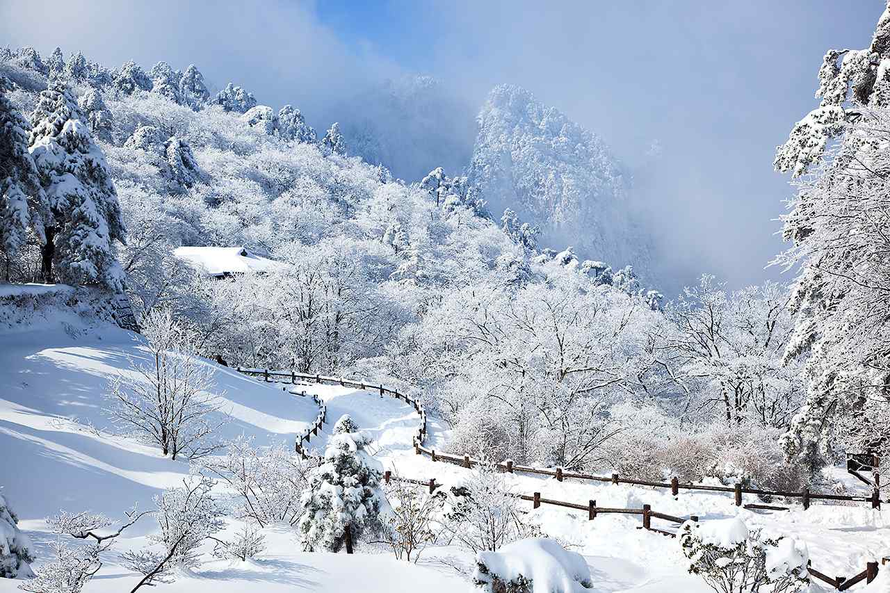 黄山栈道雪景桌面壁纸