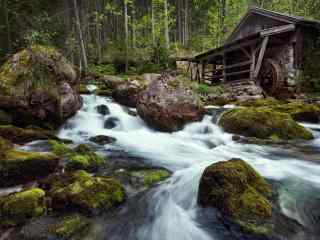 林间小屋瀑布风景电脑桌面壁纸